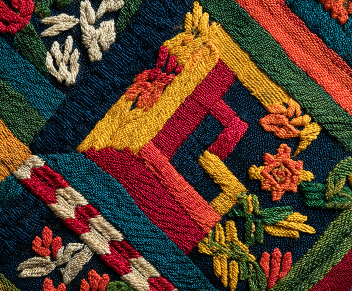 Detalle de un textil antiguo tejido a mano con colores vivos
