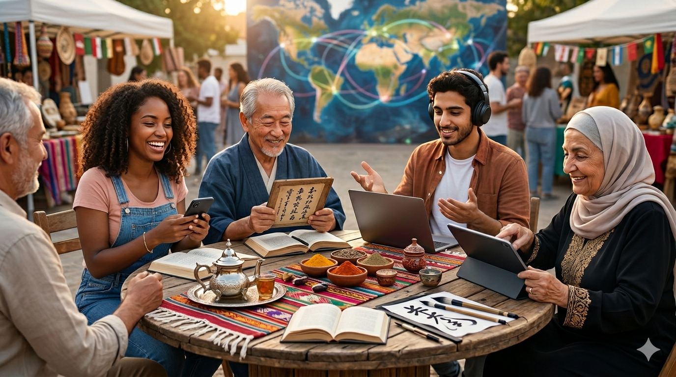 Personas usando redes sociales en diferentes dispositivos, reflejando diversidad cultural