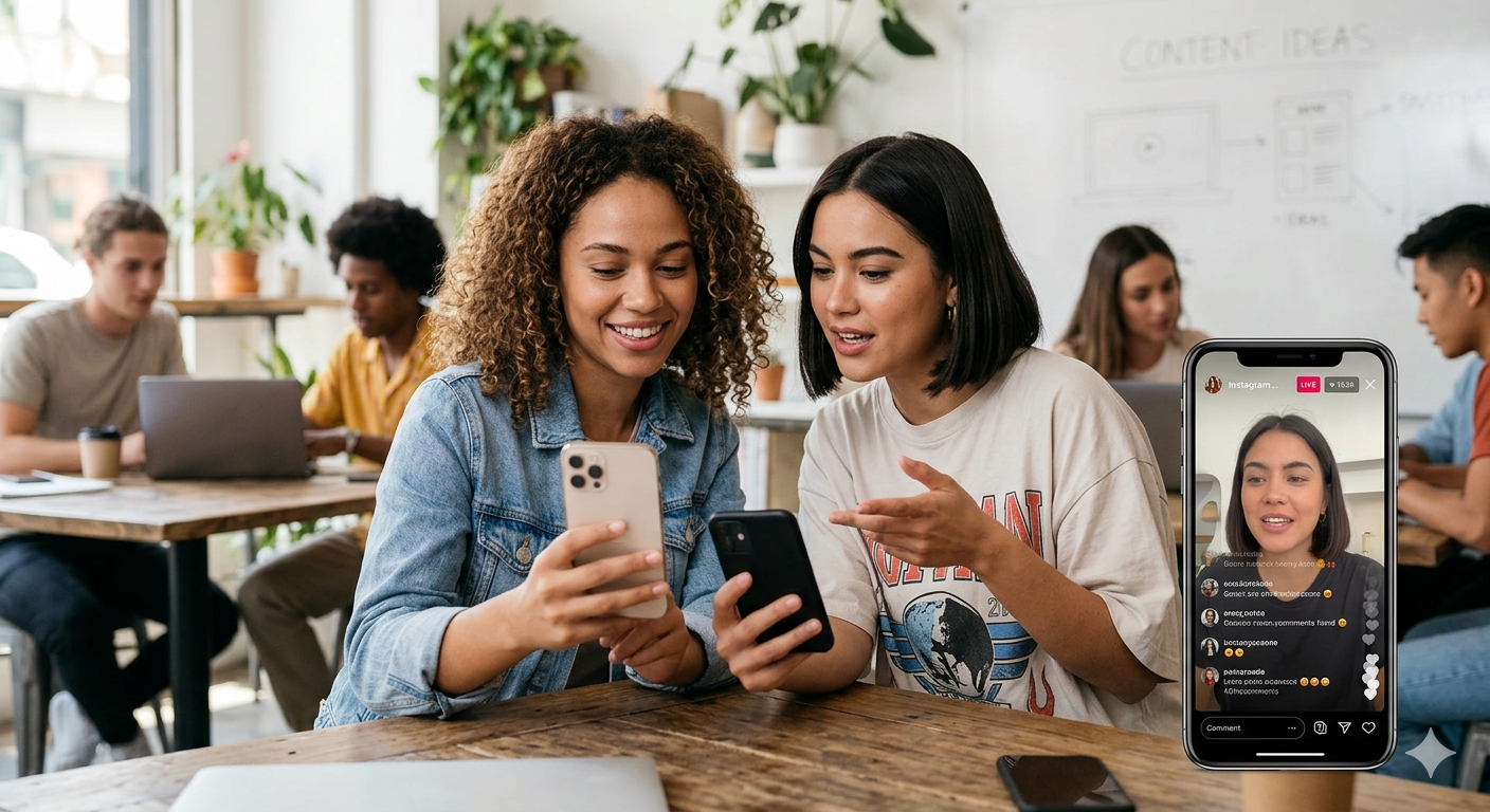 Influencers digitales en acción, usando dispositivos móviles