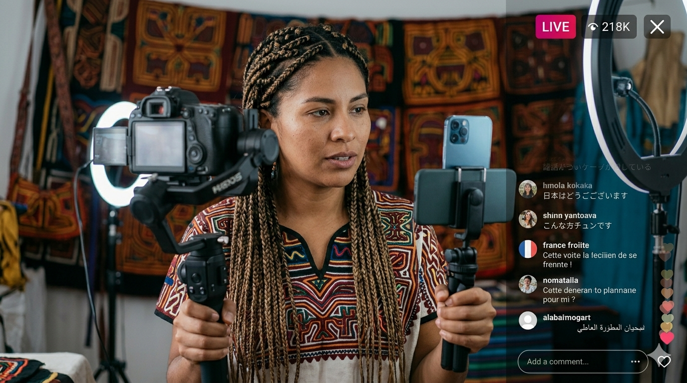 Influencer transmitiendo en vivo y generando interacción cultural