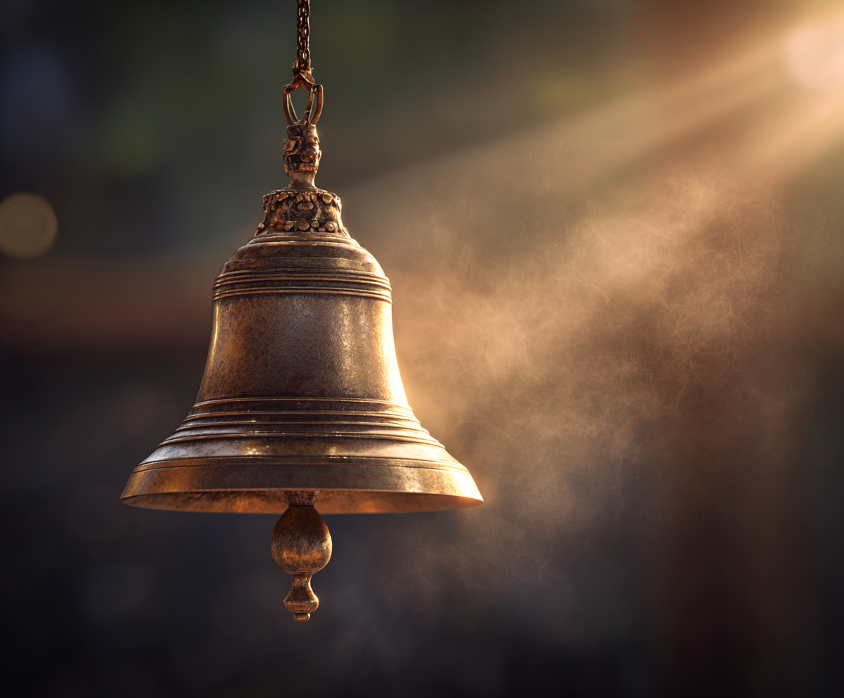Campana de bronce iluminada por la luz, símbolo de despertar