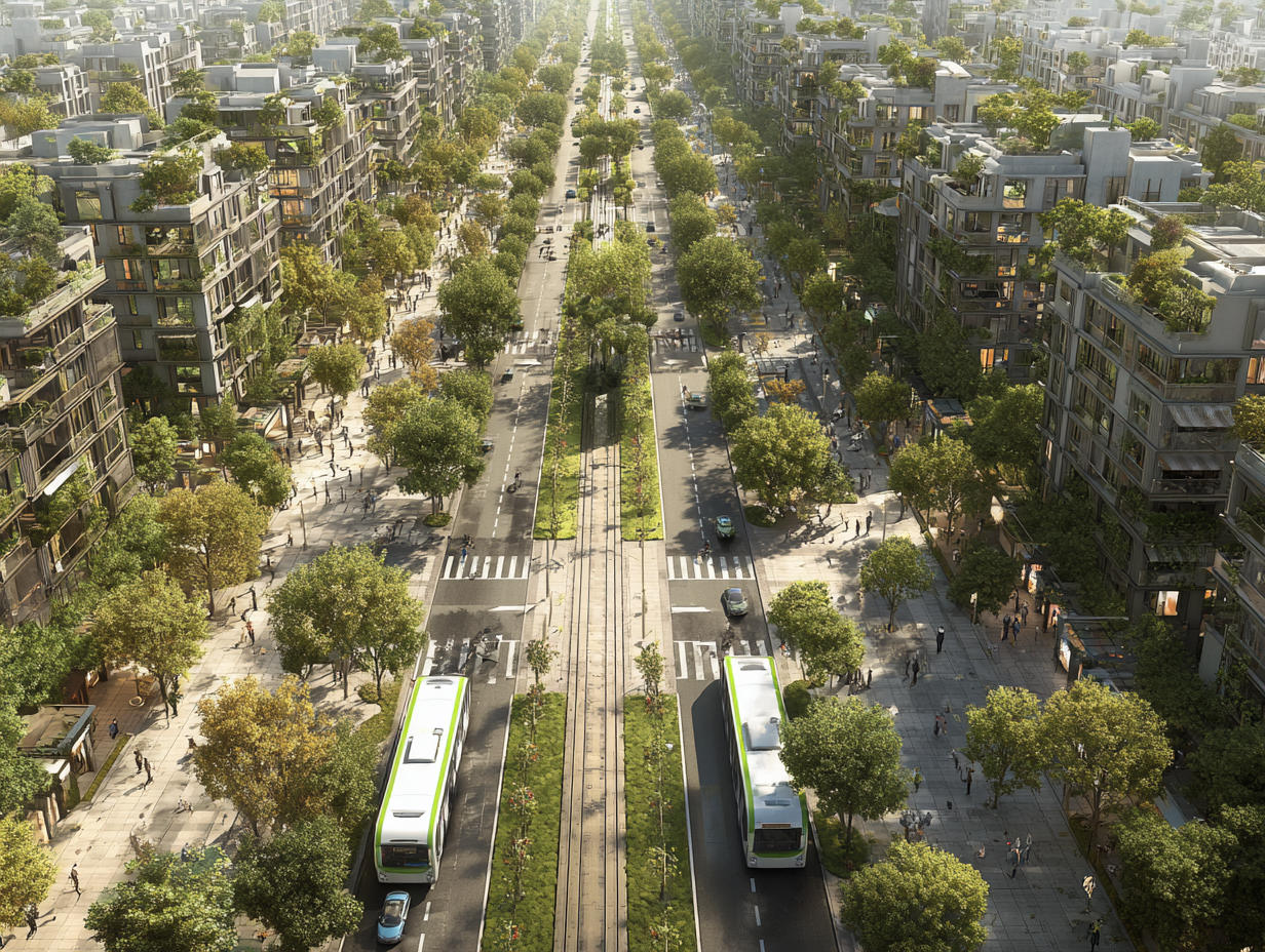 Vista aérea de ciudad inteligente con zonas verdes y transporte eléctrico