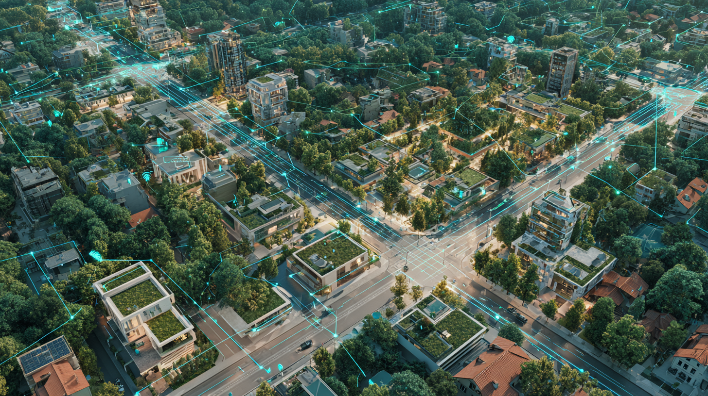 Vista aérea de ciudad inteligente con infraestructura verde y red de datos digital