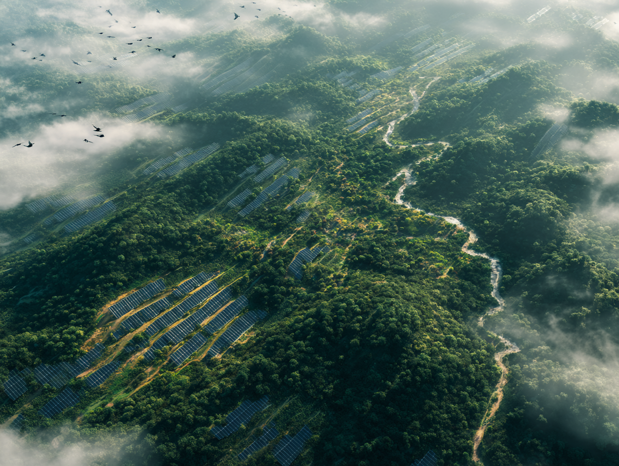 Vista aérea de bosques y paneles solares integrados