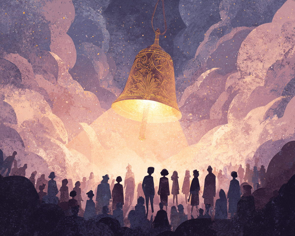Ilustración conceptual de una campana brillante y personas esperando el cambio