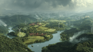 Vista conceptual de tecnologías eco-innovadoras y naturaleza regenerada