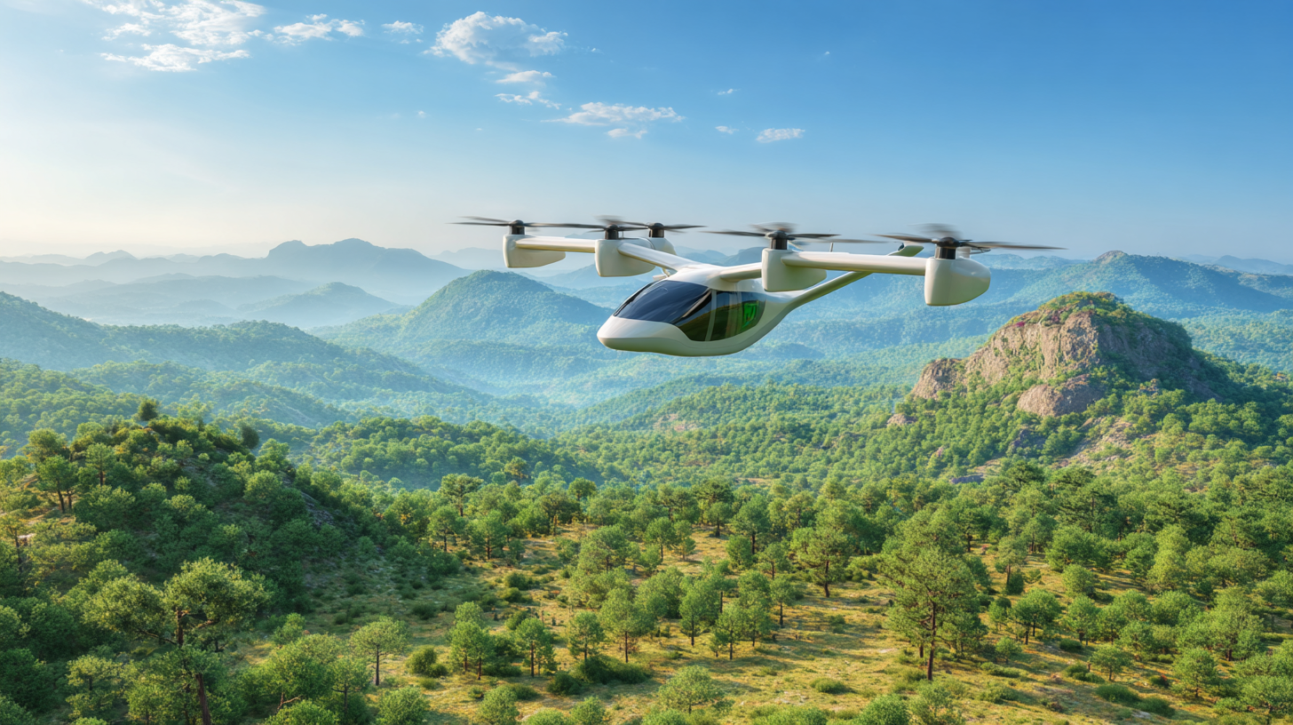 Prototipo de vehículo eVTOL eléctrico realizando pruebas de vuelo sobre paisaje natural