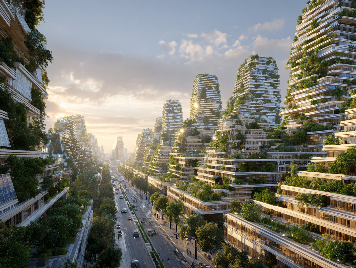 Paisaje de ciudad sostenible con edificios verdes y paneles solares