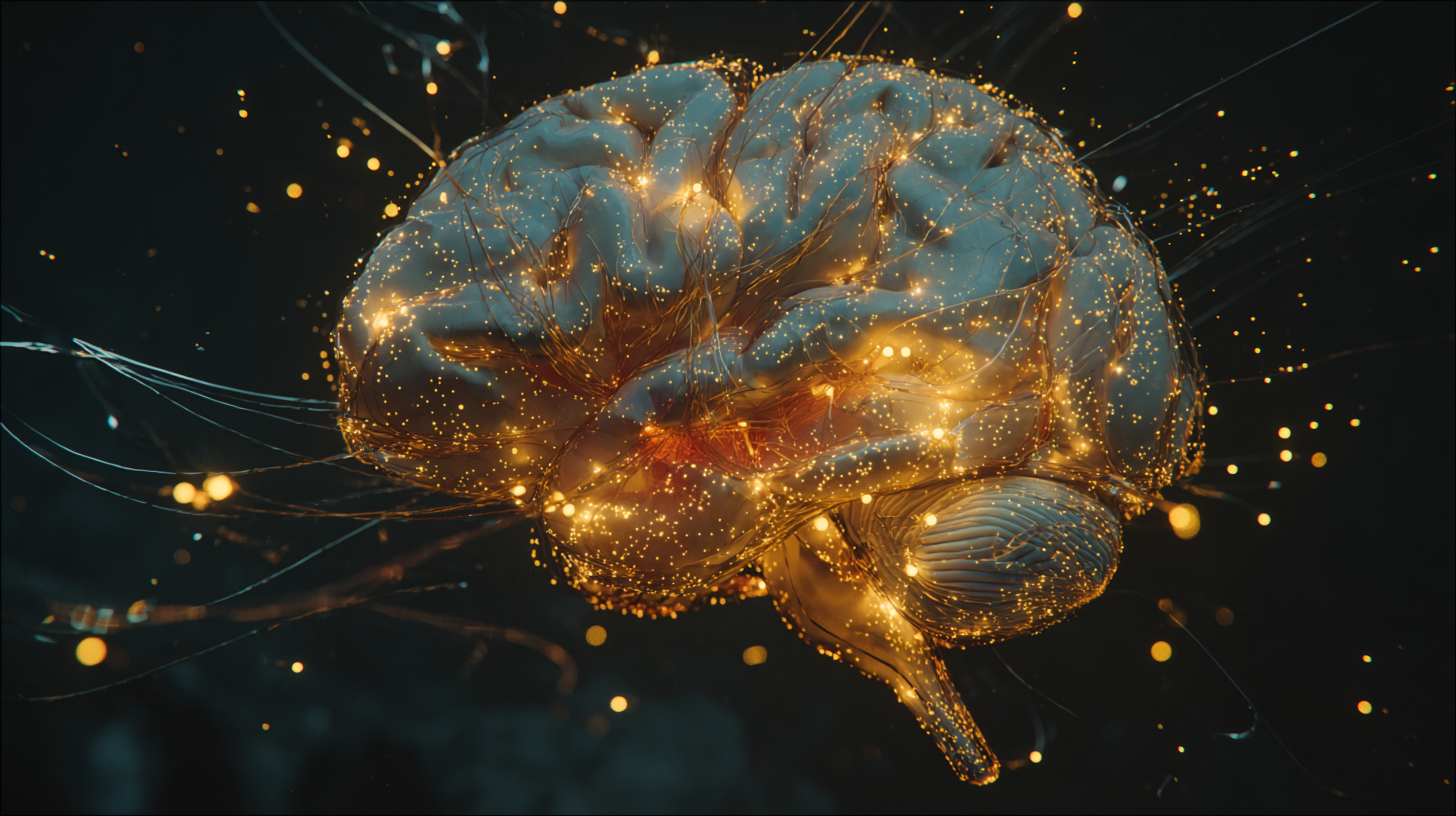 Ilustración de cerebro humano con destellos de luz, símbolo de la neurociencia de la felicidad