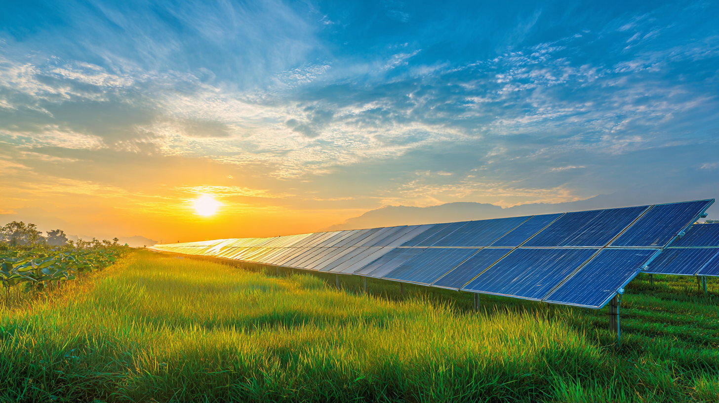 Paneles solares en campo verde bajo cielo azul, ejemplo de eco-innovación en energía