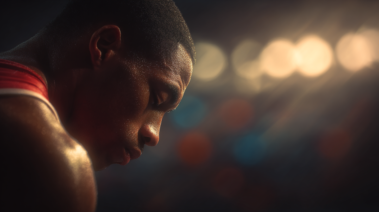 Deportista concentrado antes de una competición, visualizando su actuación