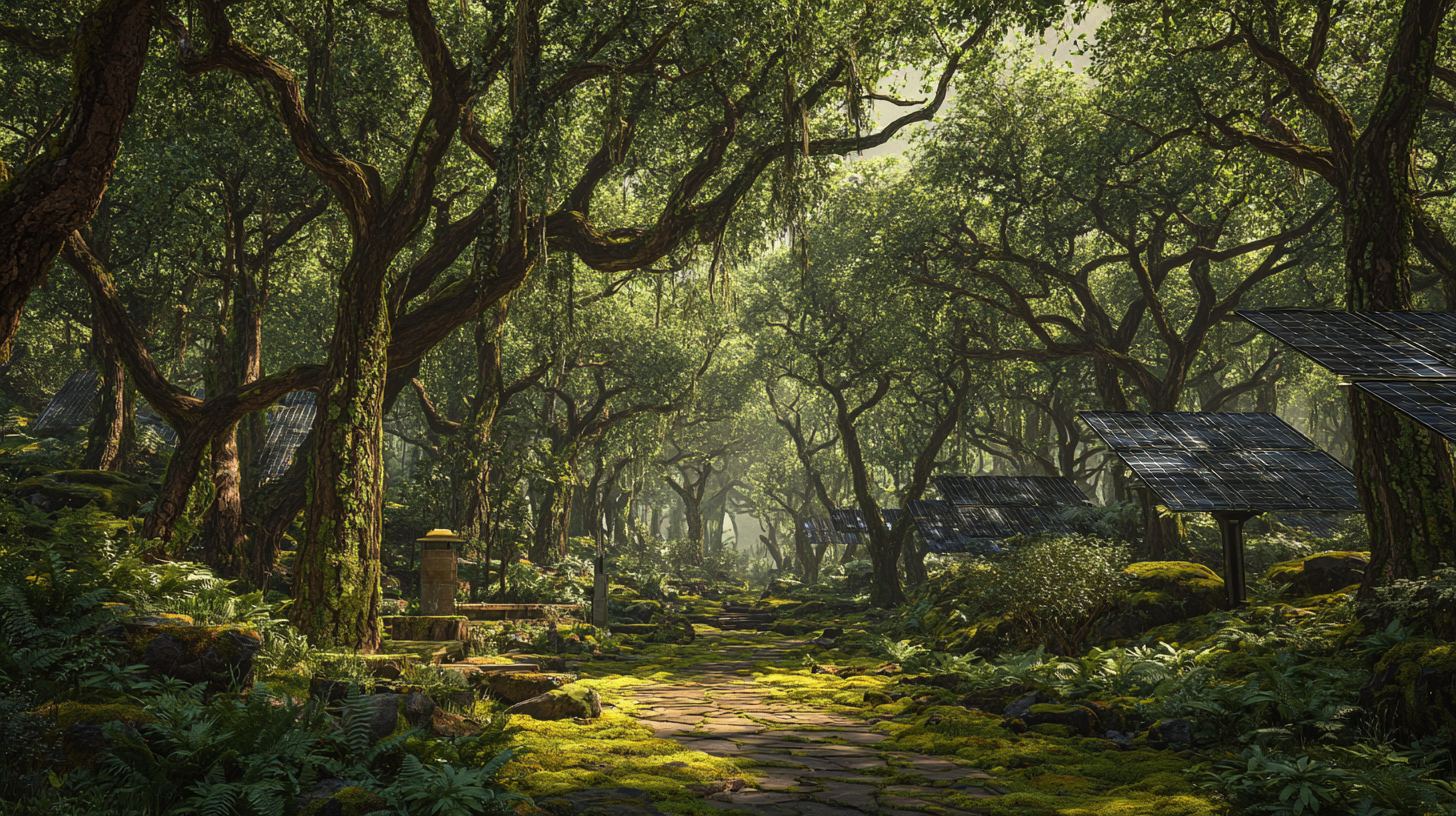Bosque verde con paneles solares integrados, símbolo de eco-innovación