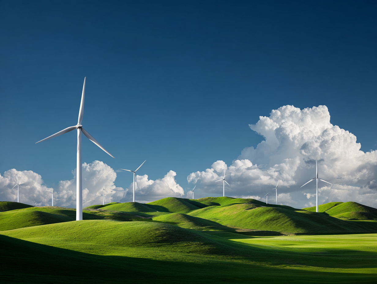 Parque eólico moderno bajo cielo azul, símbolo de innovación verde