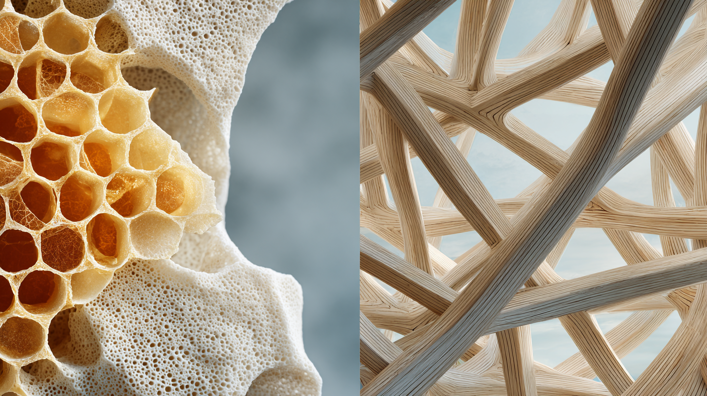Comparación visual entre estructuras naturales y diseños de ingeniería inspirados en ellas