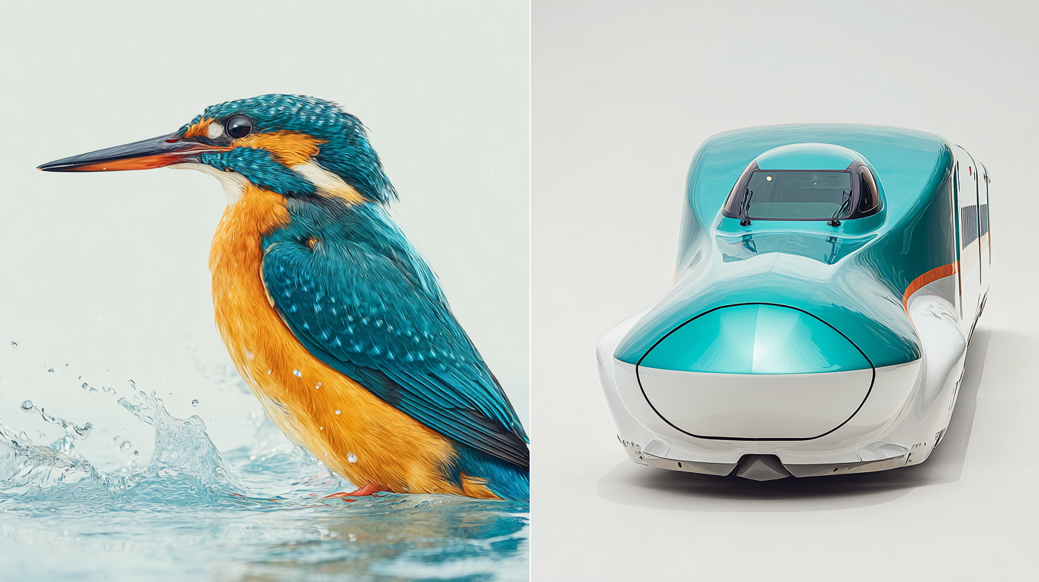 Comparación entre el morro del tren bala Shinkansen y el pico del martín pescador