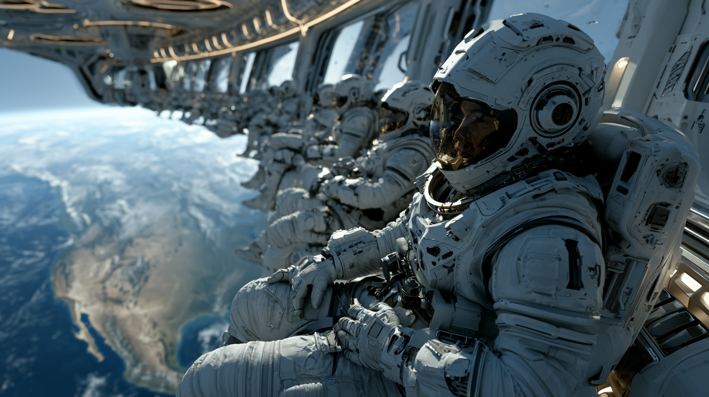 Turistas espaciales observando la Tierra desde una estación orbital