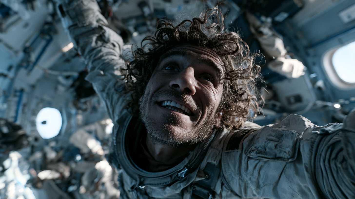 Turista en gravedad cero flotando dentro de una cápsula espacial