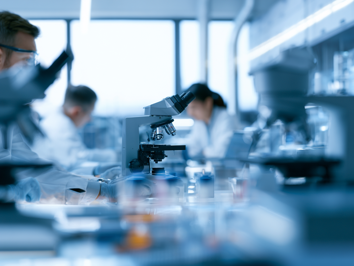 Investigadores aplicando ciencia en laboratorio moderno