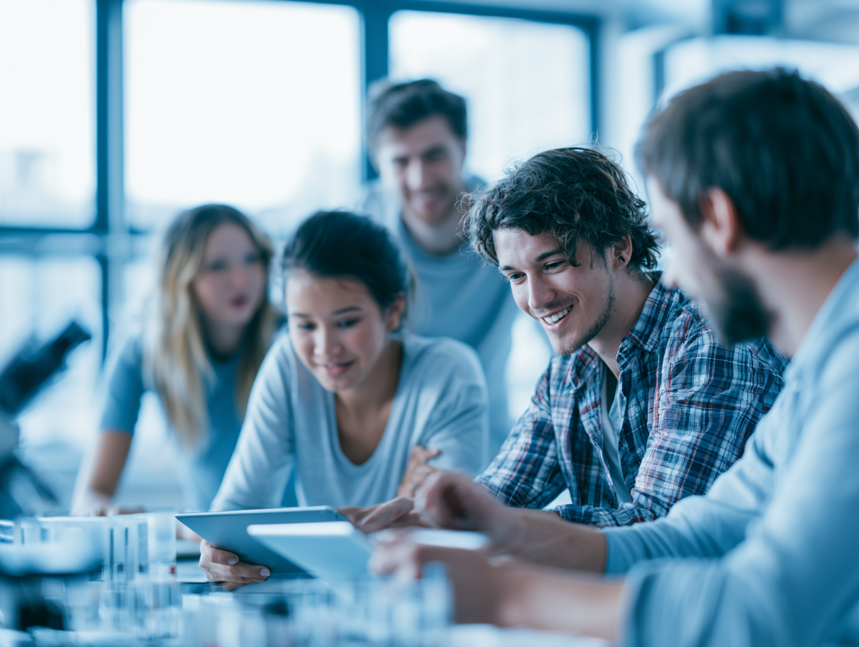 Estudiantes colaborando en proyecto de ciencia aplicada