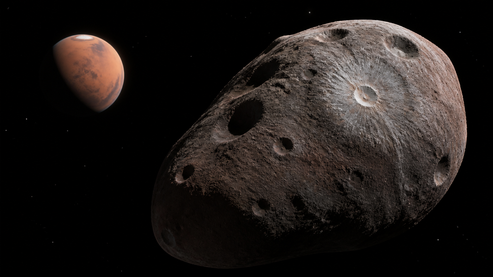 Deimos luna exterior de Marte con superficie lisa y polvo