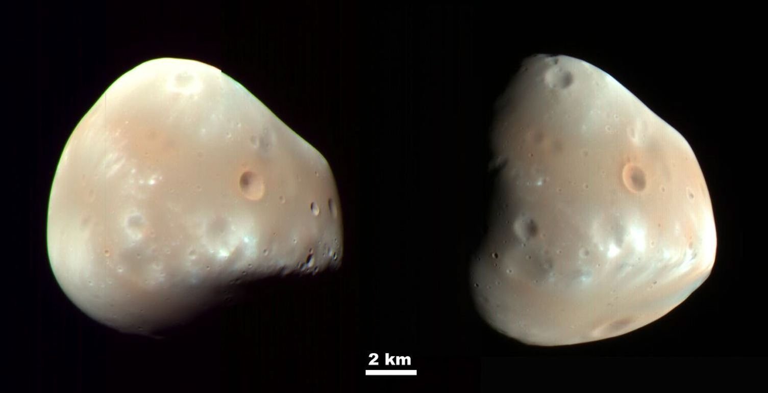 Deimos luna exterior de Marte vista por la misión MRO, superficie lisa y polvorienta
