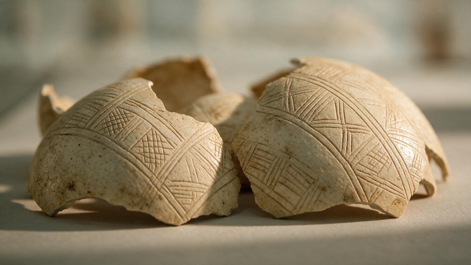Ilustración de fragmentos de cáscara de huevo de avestruz con grabados geométricos prehistóricos