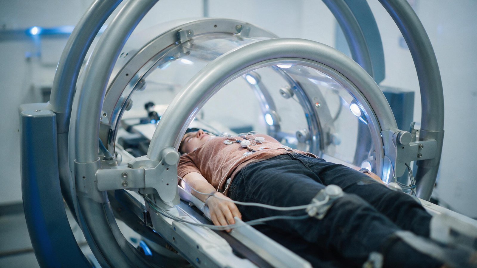 Escáner de magnetoencefalografía (MEG) midiendo la actividad cerebral para estudiar cómo hablar idiomas rejuvenece el cerebro
