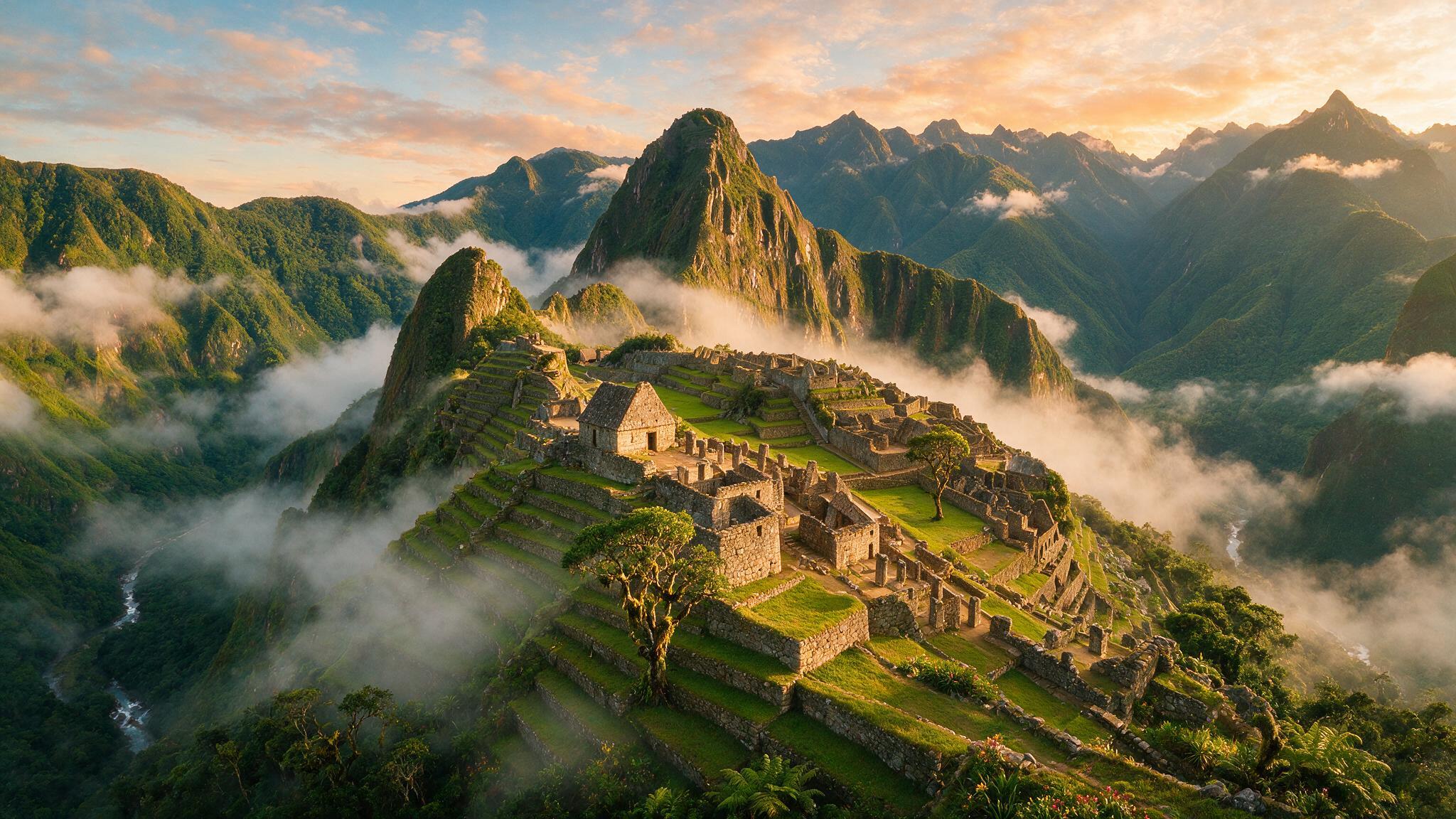 Vista panorámica de Machu Picchu entre nubes al amanecer