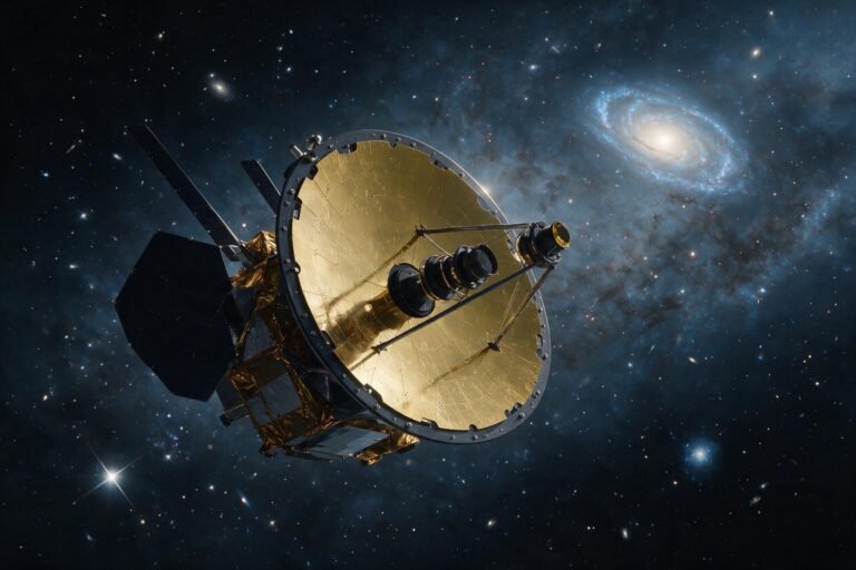 Telescopio espacial Roman de la NASA con su espejo dorado en el espacio profundo